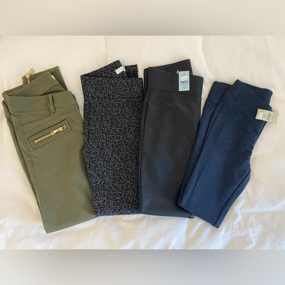 LOFT Leggings & Pants Bundle - Olive, Charcoal Leopard, Black Pleather, Navy/Gra